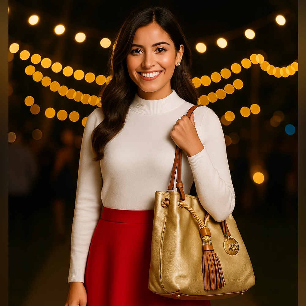 Michael Kors Gold Metallic Shoulder Bag with Brown Leather Accents - Picture 16 of 16